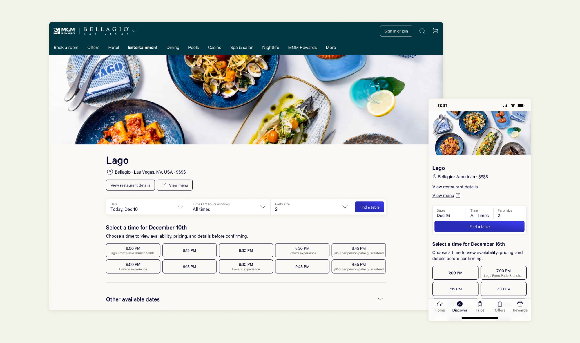 The Lago restaurant page on desktop and mobile