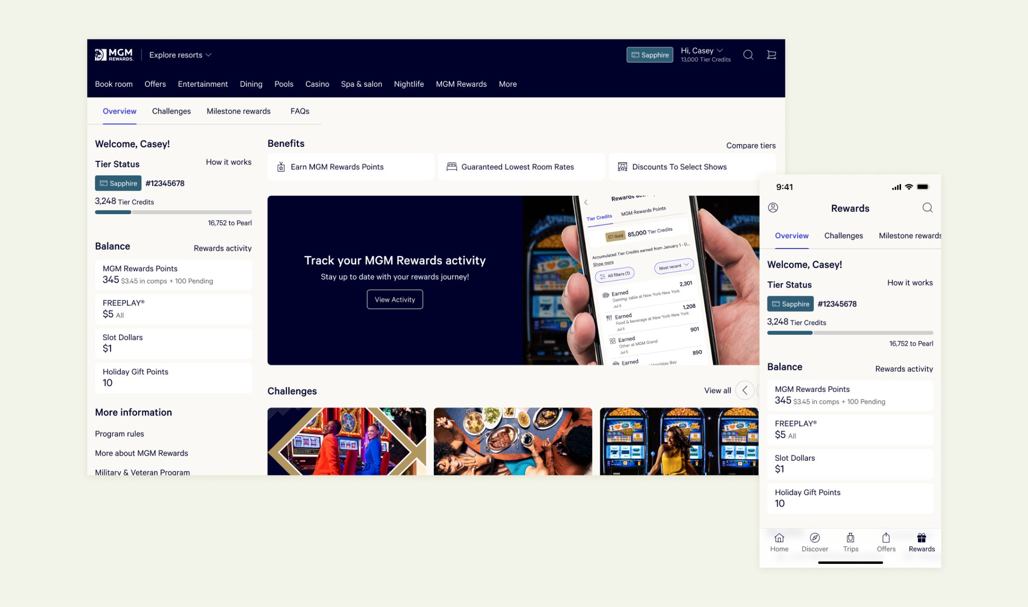 MGM Rewards overview with member status, on web and app