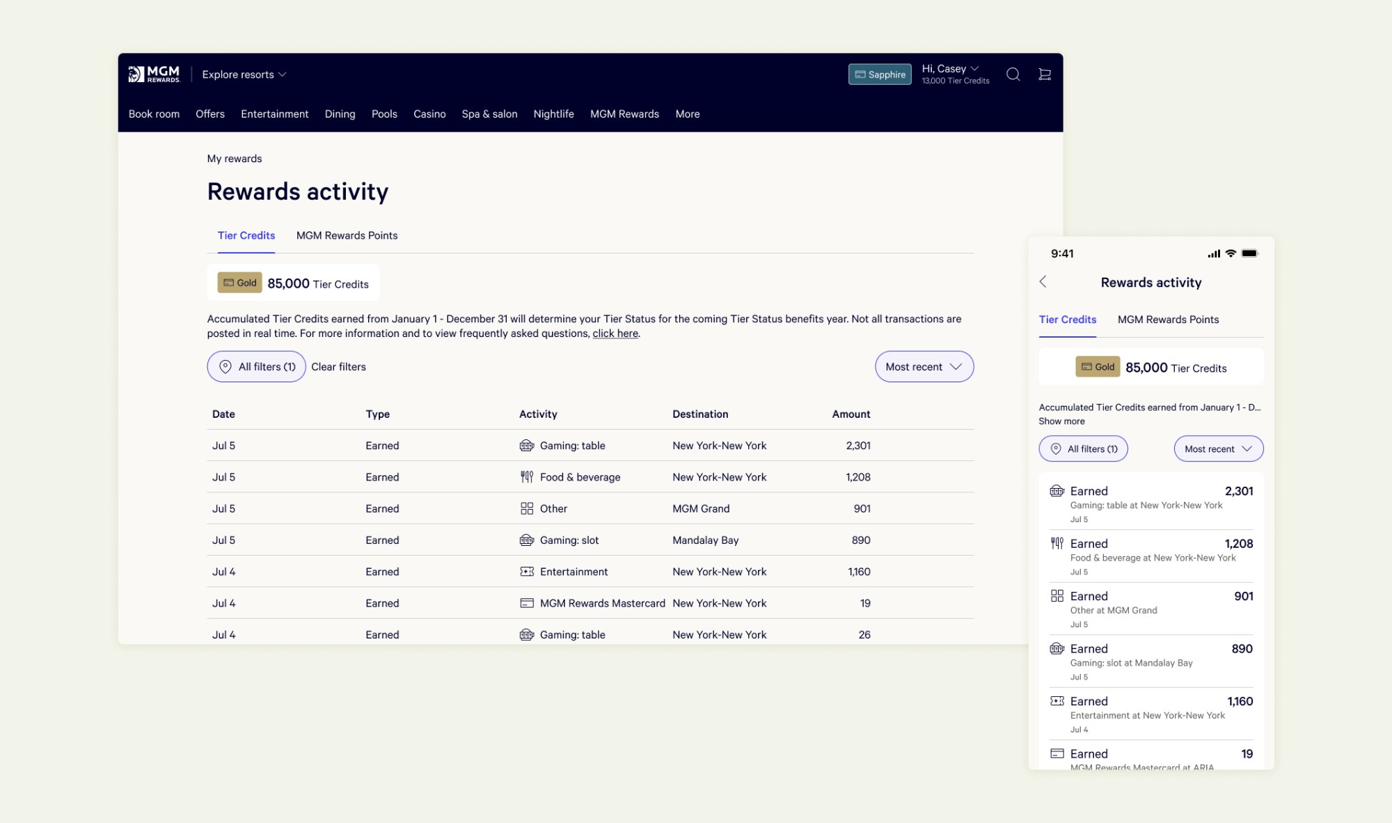 Rewards activity on web and app
